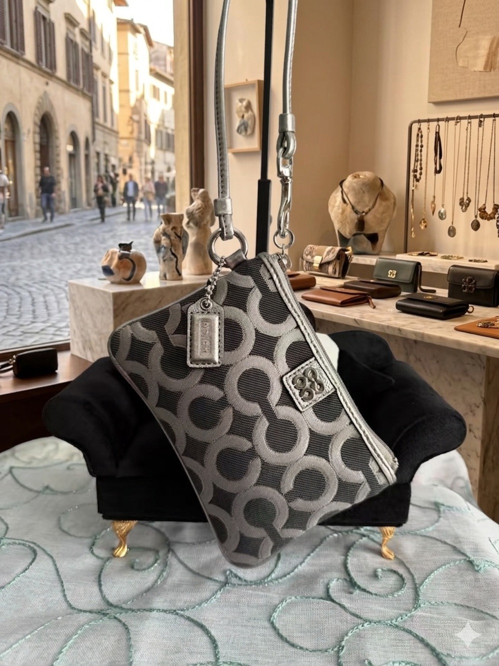 COACH Julia Op Art Jacquard Fabric Wristlet Bag - Silver/Black